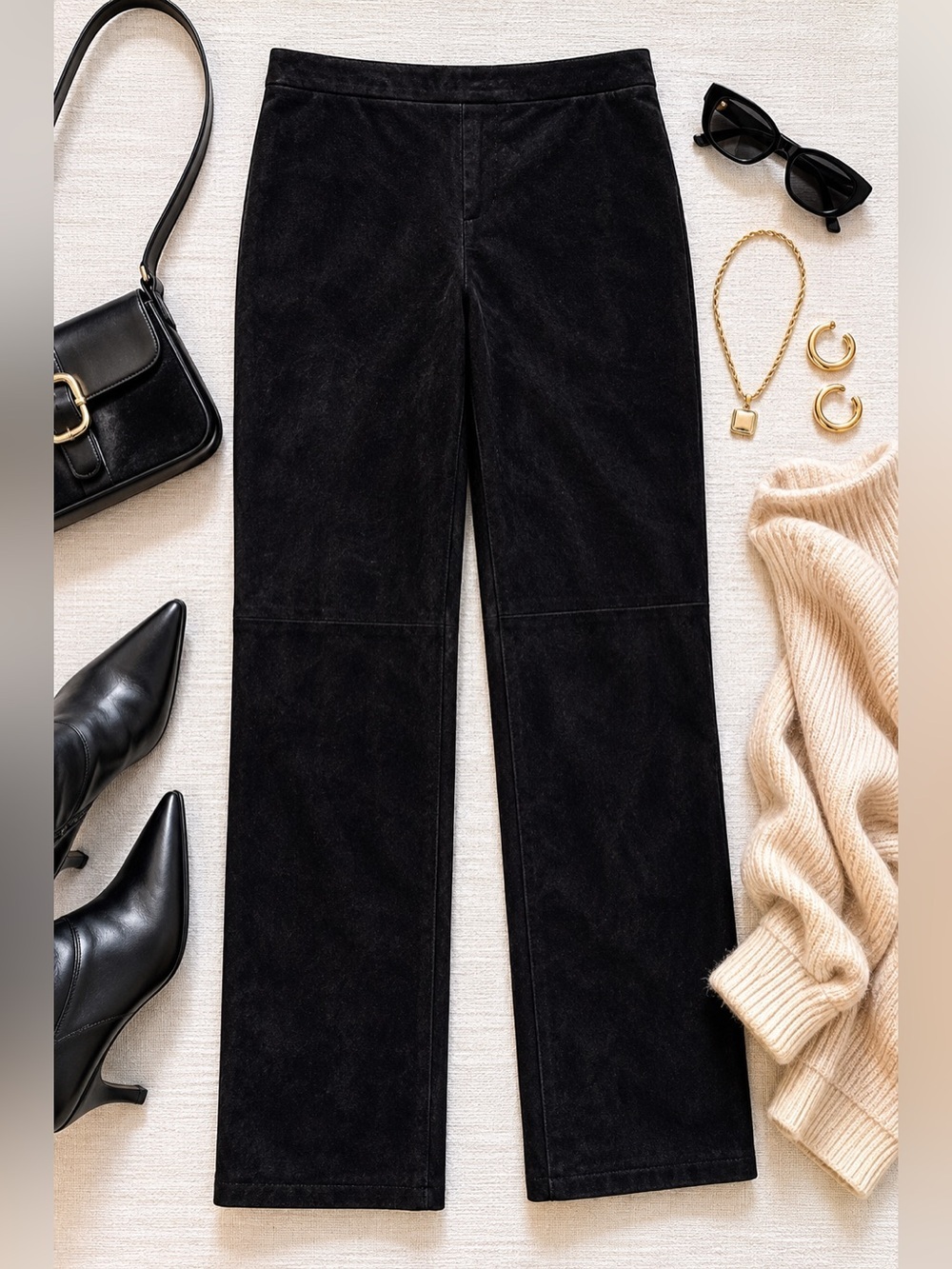 Valerie Black Suede Leather Pants Minimalist Rodeo Luxury Straight Leg 12 E28